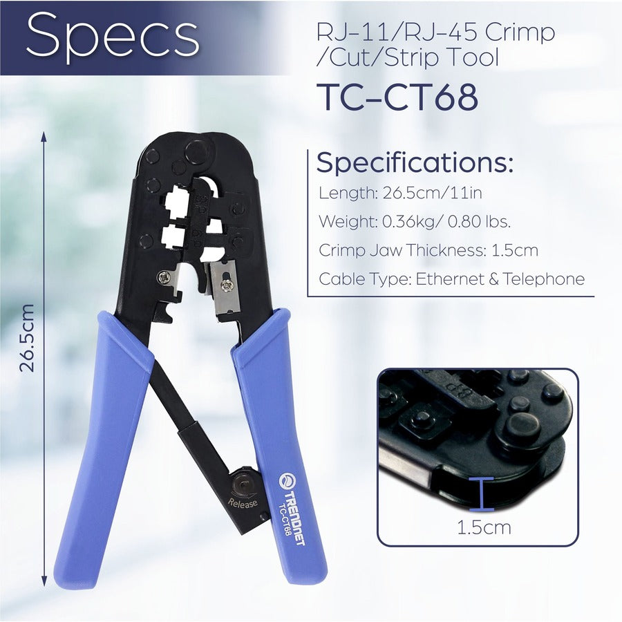 Alternate-Image4 Image for TRENDnet Crimping Tool, Crimp, Cut, And Strip Tool, For Any Ethernet or Telephone Cable, Built-In Cutter And Stripper, 8P-RJ-45 And 6P-RJ-12, RJ-11, All Steel Construction, Black, TC-CT68