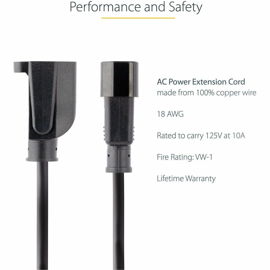 Alternate-Image2 Image for StarTech.com 1ft (0.3m) Power Extension Cord, IEC C14 to NEMA 5-15R, 10A 125V, 18AWG, Black, Outlet Extension Cable for Power Supplies