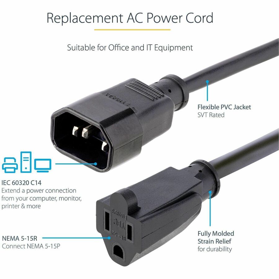 Alternate-Image3 Image for StarTech.com 1ft (0.3m) Power Extension Cord, IEC C14 to NEMA 5-15R, 10A 125V, 18AWG, Black, Outlet Extension Cable for Power Supplies