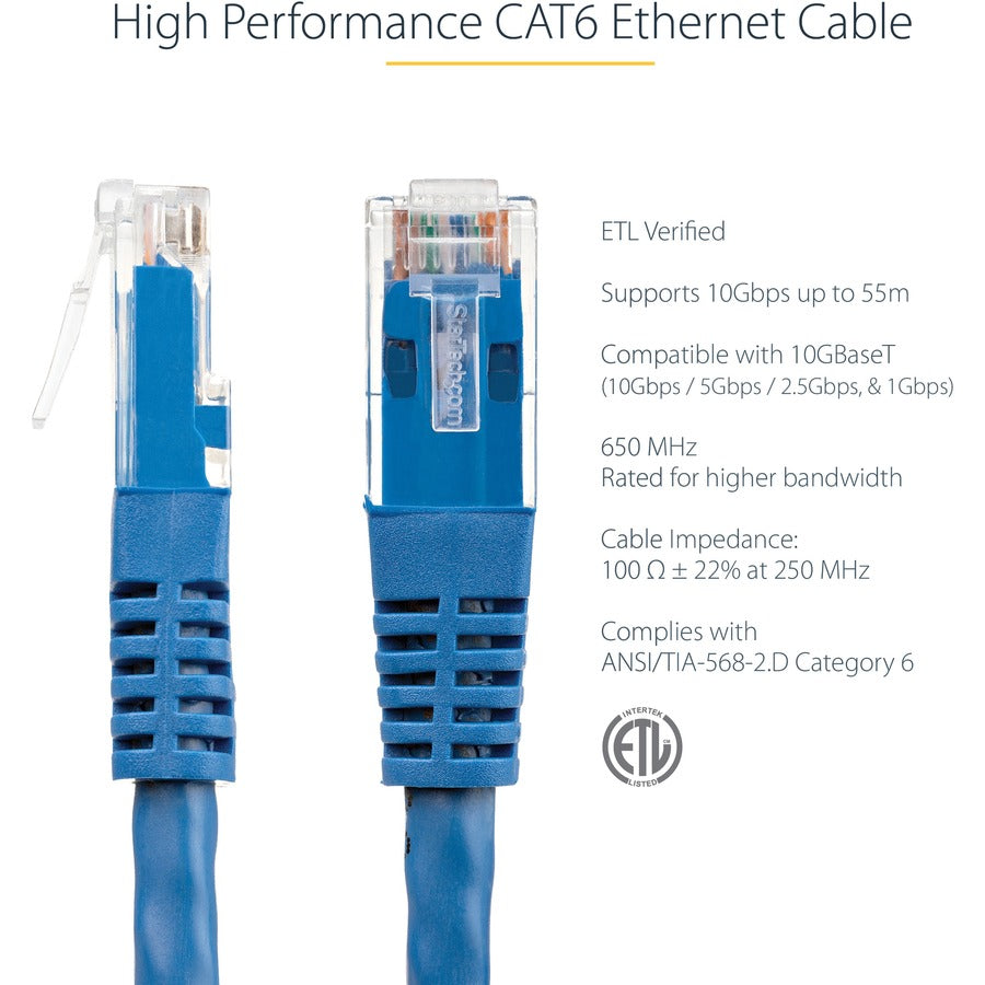 Alternate-Image2 Image for StarTech.com 10ft CAT6 Ethernet Cable - Blue Molded Gigabit - 100W PoE UTP 650MHz - Category 6 Patch Cord UL Certified Wiring/TIA