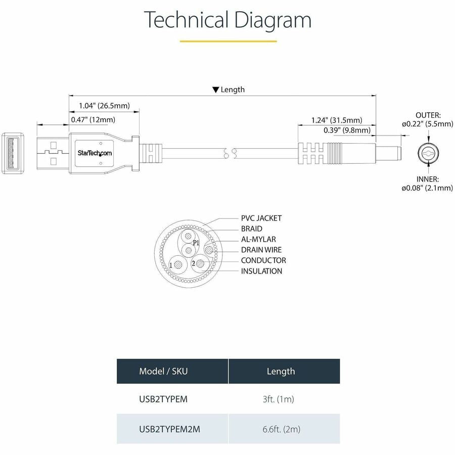 Alternate-Image2 Image for StarTech.com 3 ft USB to Type M Barrel 5V DC Power Cable