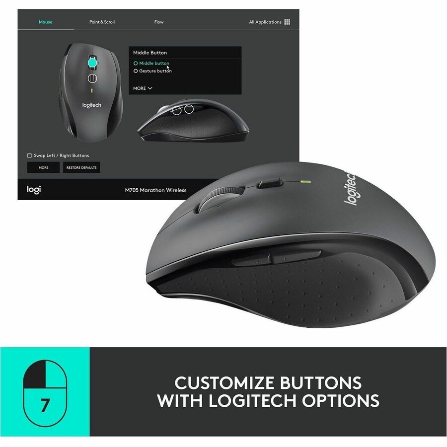 Alternate-Image1 Image for Logitech M705 Marathon Wireless Mouse, 2.4 GHz USB Unifying Receiver, 1000 DPI, 5-Programmable Buttons, Black