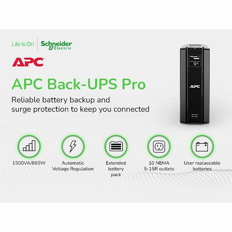 Alternate-Image3 Image for APC Back-UPS Pro, 1500VA/865W, Tower, 120V, 10x NEMA 5-15R outlets, AVR, LCD, User Replaceable Battery