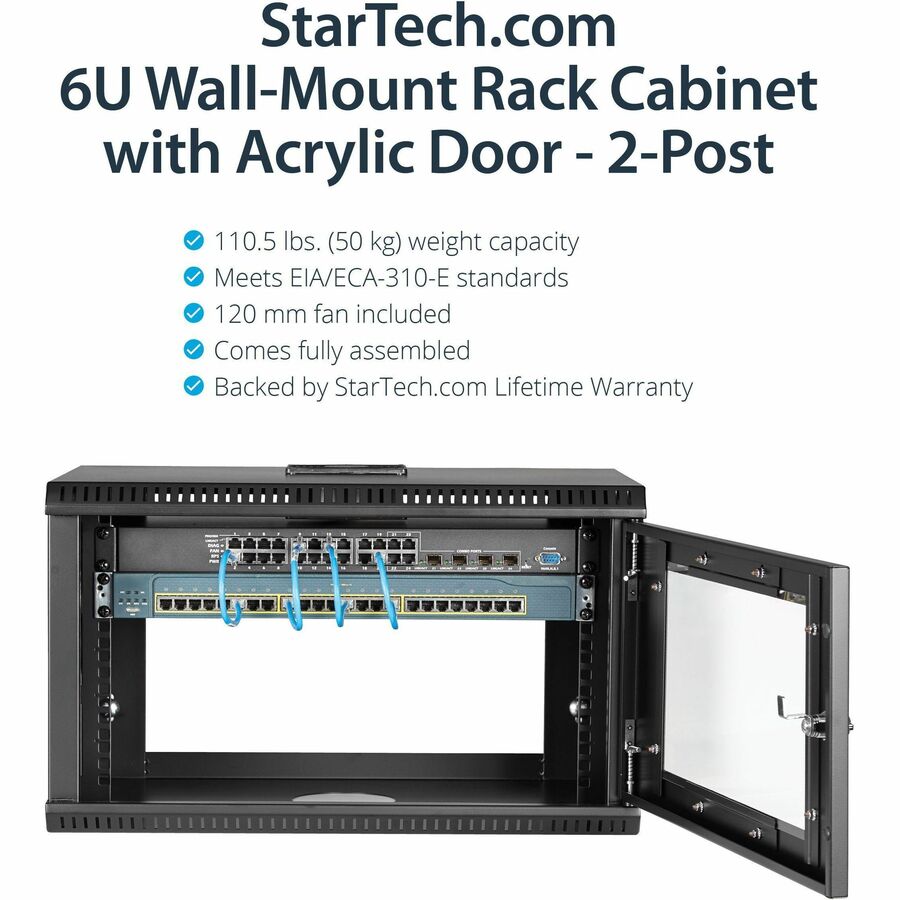 Alternate-Image1 Image for StarTech.com 2-Post 6U Wall Mount Network Cabinet w/ Acrylic Door, 19" Small Wall-Mounted Server Rack for Data / Computer Equipment