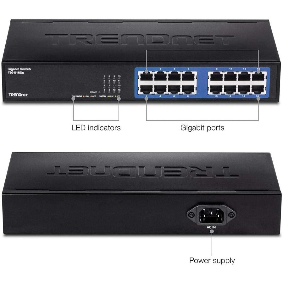 Alternate-Image6 Image for TRENDnet 6-Port Unmanaged Gigabit GREENnet Desktop Metal Switch, Ethernet-Network Switch, 16 x 10-100-1000 RJ-45 Ports, 32 Gbps Forwarding Capacity, Lifetime Protection, Black, TEG-S16DG