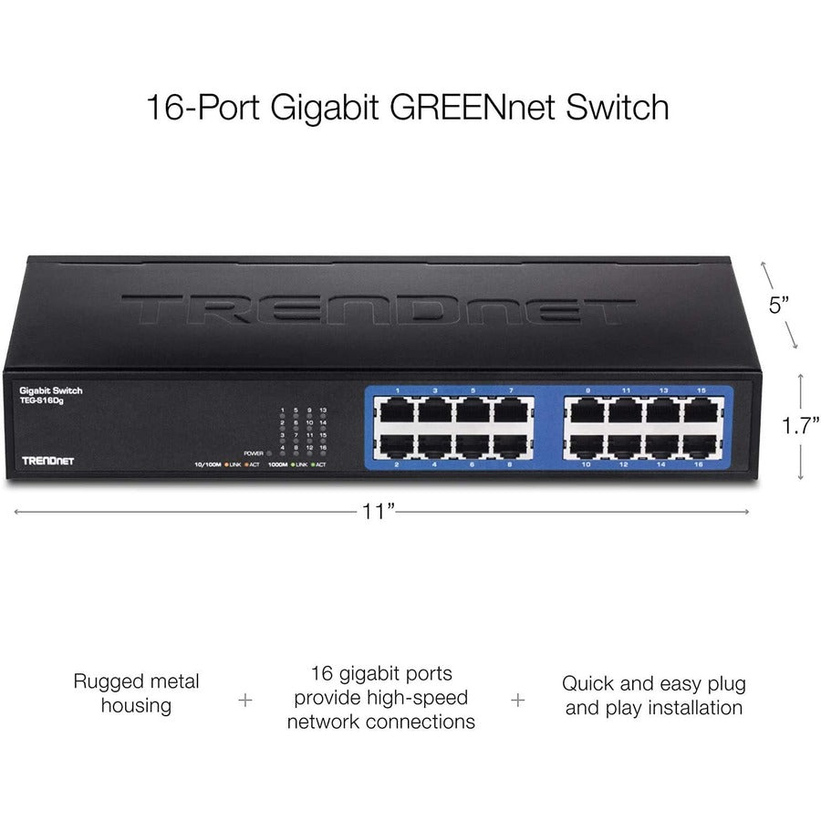 Alternate-Image5 Image for TRENDnet 6-Port Unmanaged Gigabit GREENnet Desktop Metal Switch, Ethernet-Network Switch, 16 x 10-100-1000 RJ-45 Ports, 32 Gbps Forwarding Capacity, Lifetime Protection, Black, TEG-S16DG