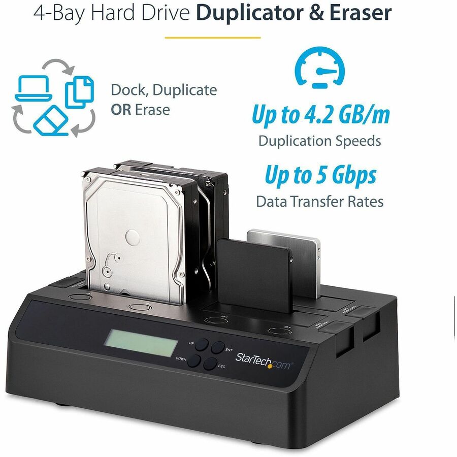 Alternate-Image1 Image for StarTech.com 4-Bay Hard Drive Duplicator and Eraser, External HDD/SSD Cloner / Copier / Wiper Tool, USB 3.0/eSATA to SATA Docking Station