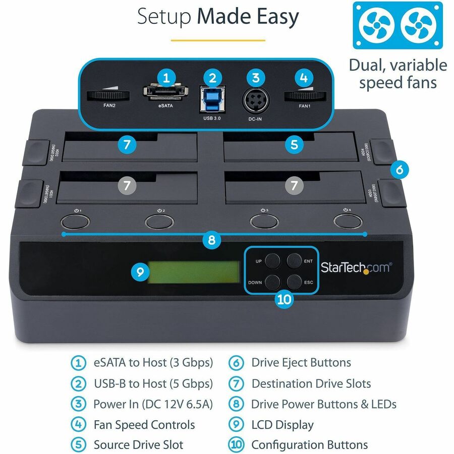 Alternate-Image3 Image for StarTech.com 4-Bay Hard Drive Duplicator and Eraser, External HDD/SSD Cloner / Copier / Wiper Tool, USB 3.0/eSATA to SATA Docking Station
