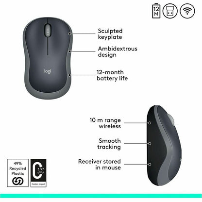 Alternate-Image5 Image for Logitech M185 Wireless Mouse, 2.4GHz with USB Mini Receiver, 1000 DPI Optical Tracking, Swift Grey