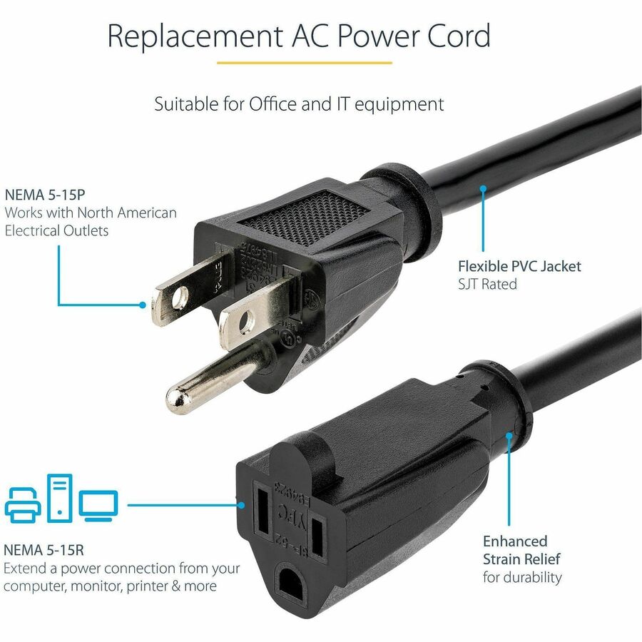 Alternate-Image2 Image for StarTech.com 6ft (1.8m) Heavy Duty Extension Cord, NEMA5-15R to NEMA5-15P Black Extension Cord, 15A 125V, 14AWG, Heavy Gauge Power Cable