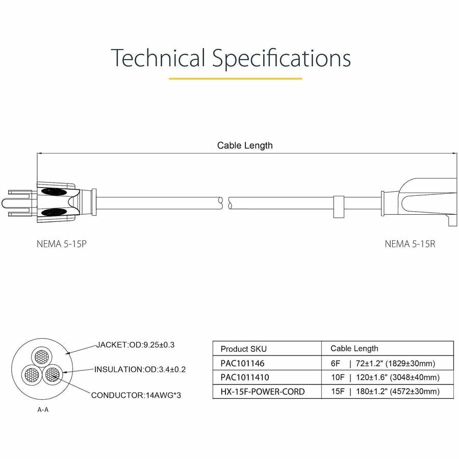 Alternate-Image3 Image for StarTech.com 6ft (1.8m) Heavy Duty Extension Cord, NEMA5-15R to NEMA5-15P Black Extension Cord, 15A 125V, 14AWG, Heavy Gauge Power Cable