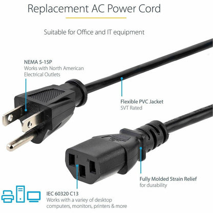 Alternate-Image2 Image for StarTech.com 20ft (6m) Computer Power Cord, NEMA 5-15P to C13, 10A 125V, 18AWG, Black Replacement AC PC Power Cord, TV/Monitor Power Cable