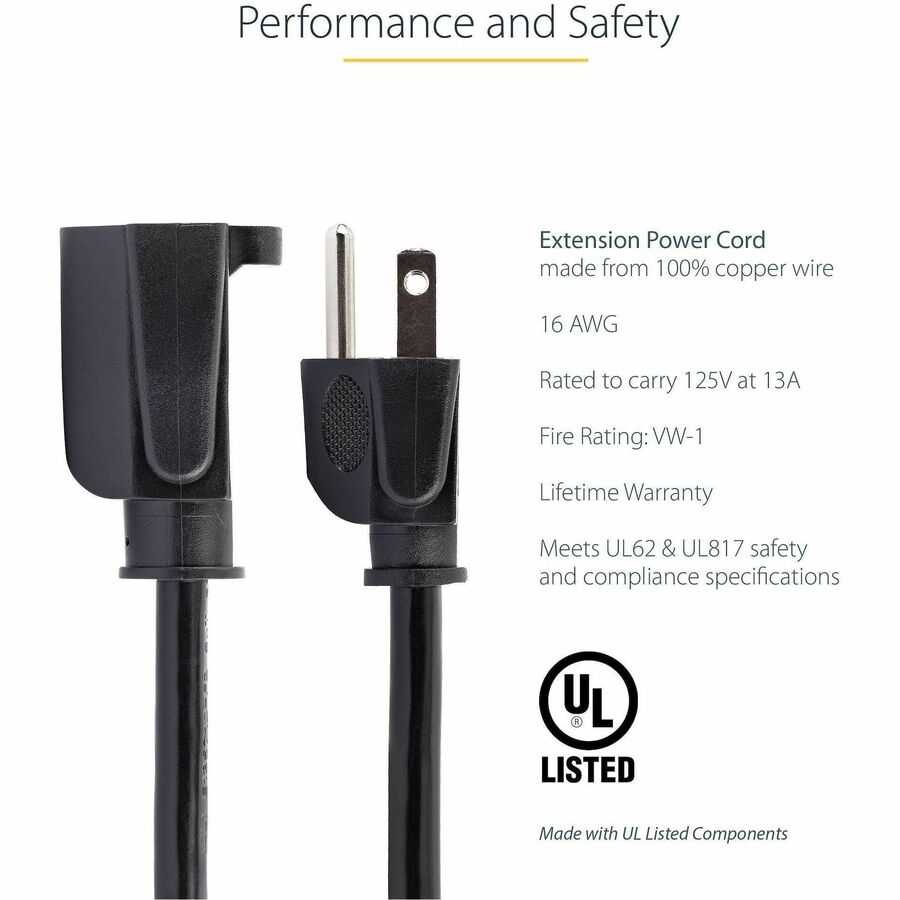 Alternate-Image1 Image for StarTech.com 20ft (6m) Power Extension Cord, NEMA5-15R to NEMA5-15P Black Extension Cord, 13A 125V, 16AWG, Computer Power Extension Cable