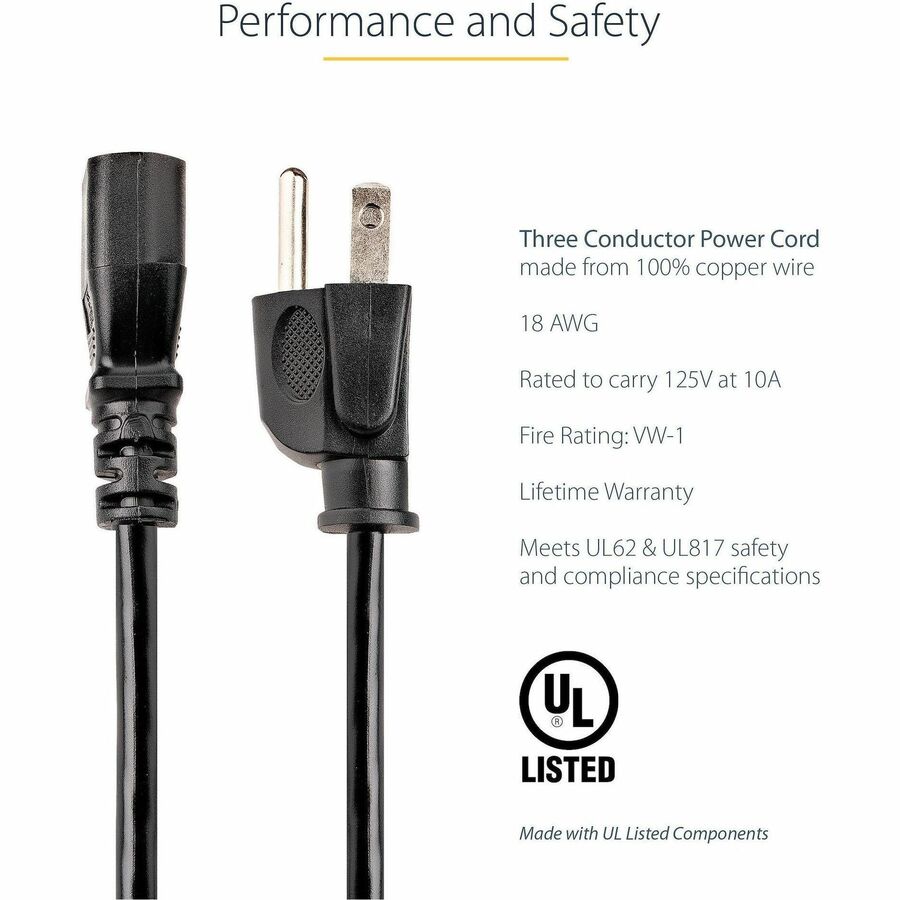 Alternate-Image2 Image for StarTech.com 6ft(1.8m) Heavy Duty Power Cord, NEMA 5-15P to C13, 15A 125V 14AWG, Replacement AC Computer Power Cord, PC Power Supply Cable