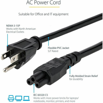 Alternate-Image2 Image for StarTech.com 3ft (1m) Laptop Power Cord, NEMA 5-15P to C5 (Clover Leaf), 10A 125V, 18AWG, Laptop Replacement Cord, Power Brick Cable