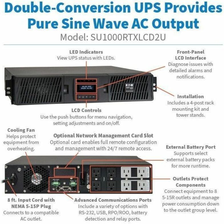 Alternate-Image6 Image for Eaton Tripp Lite Series SmartOnline 1000VA 900W 120V Double-Conversion Sine Wave UPS - 8 Outlets, Extended Run, Network Card Option, LCD, USB, DB9, 2U Rack/Tower