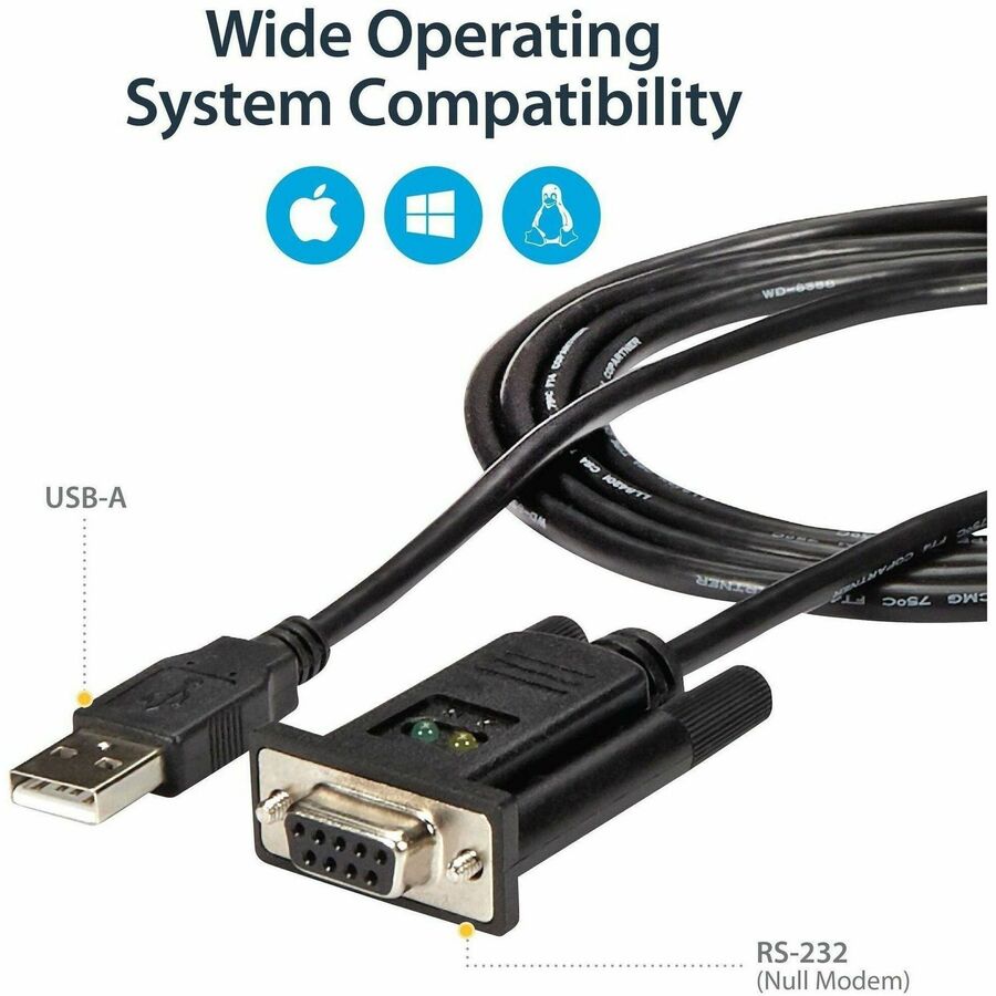 Alternate-Image3 Image for StarTech.com 6ft (1.8m) 1-Port USB to Serial RS232 Adapter, FTDI DB9 Serial DCE Adapter Cable, Null Modem, USB 2.0 - TAA