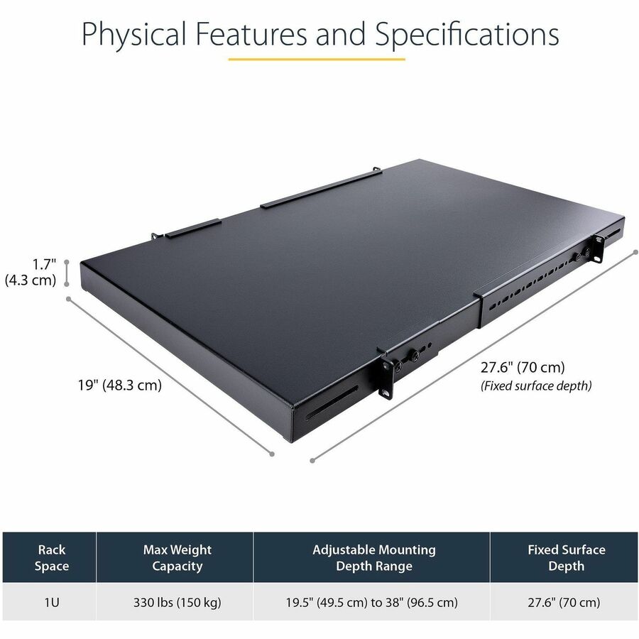 Alternate-Image1 Image for StarTech.com 1U 4-Post 19.5 to 38in Adjustable Mounting Depth Rack Mount Shelf - Heavy Duty Fixed Rack Shelf - 330 lb / 150kg - 27.5in Deep