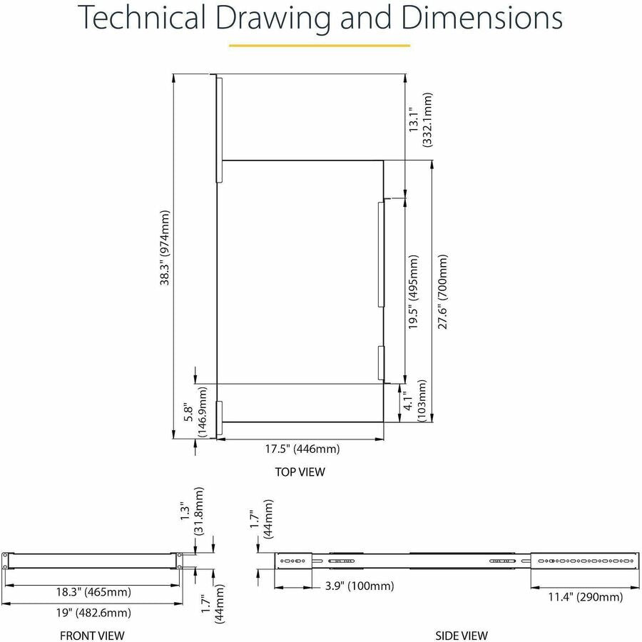 Alternate-Image4 Image for StarTech.com 1U 4-Post 19.5 to 38in Adjustable Mounting Depth Rack Mount Shelf - Heavy Duty Fixed Rack Shelf - 330 lb / 150kg - 27.5in Deep