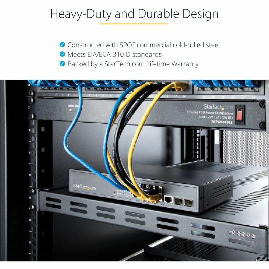Alternate-Image2 Image for StarTech.com 1U 4-Post 19.5 to 38in Adjustable Mounting Depth Vented Rack Mount Shelf - Heavy Duty Fixed Rack Shelf - 330lbs / 150kg - 27.5in Deep