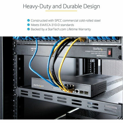 Alternate-Image2 Image for StarTech.com 1U 4-Post 19.5 to 38in Adjustable Mounting Depth Vented Rack Mount Shelf - Heavy Duty Fixed Rack Shelf - 330lbs / 150kg - 27.5in Deep