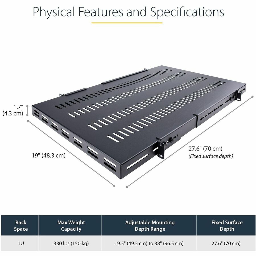 Alternate-Image1 Image for StarTech.com 1U 4-Post 19.5 to 38in Adjustable Mounting Depth Vented Rack Mount Shelf - Heavy Duty Fixed Rack Shelf - 330lbs / 150kg - 27.5in Deep