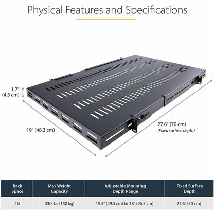 Alternate-Image1 Image for StarTech.com 1U 4-Post 19.5 to 38in Adjustable Mounting Depth Vented Rack Mount Shelf - Heavy Duty Fixed Rack Shelf - 330lbs / 150kg - 27.5in Deep