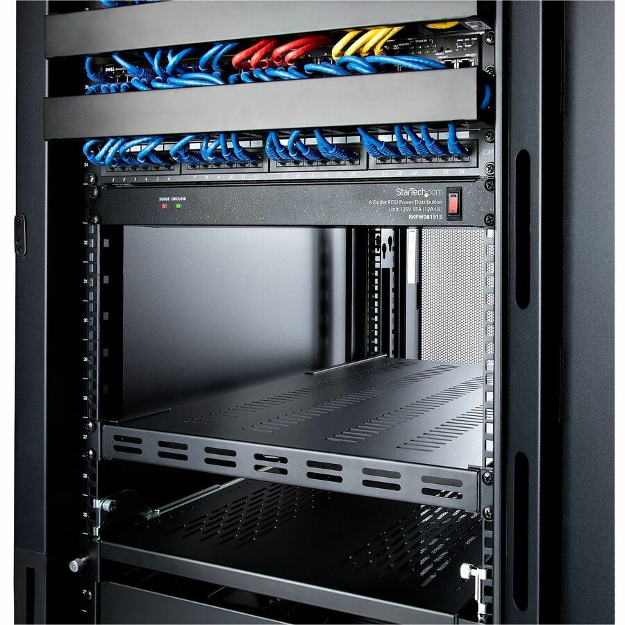 Alternate-Image7 Image for StarTech.com 1U 4-Post 19.5 to 38in Adjustable Mounting Depth Vented Rack Mount Shelf - Heavy Duty Fixed Rack Shelf - 330lbs / 150kg - 27.5in Deep