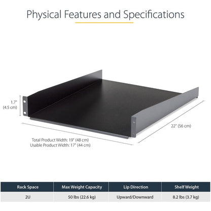 Alternate-Image6 Image for StarTech 2U Server Rack Cabinet Shelf, Fixed 22" Deep Cantilever Rackmount Tray for 19" AV/Network Enclosure w/Cage Nuts/Screws, TAA