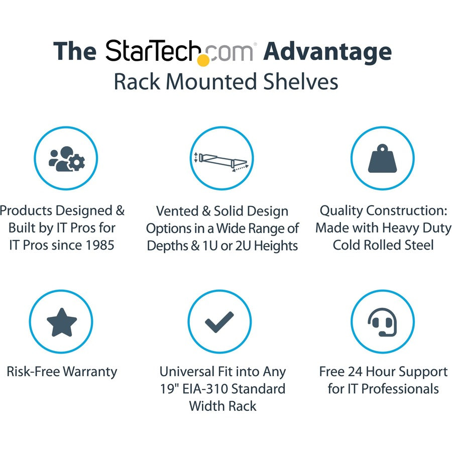 Alternate-Image7 Image for StarTech 2U Server Rack Cabinet Shelf, Fixed 22" Deep Cantilever Rackmount Tray for 19" AV/Network Enclosure w/Cage Nuts/Screws, TAA