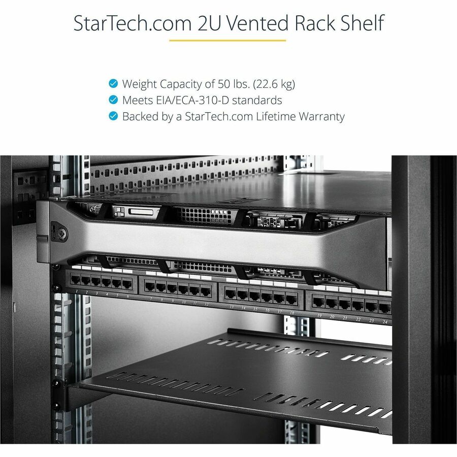 Alternate-Image5 Image for StarTech.com 2U 22in Vented Rack Mount Shelf - Fixed 22 inch Deep antilever Rackmount Tray for Server Rack Cabinet Shelf - 50lbs / 23kg