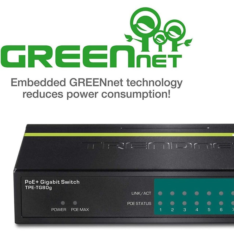 Alternate-Image4 Image for TRENDnet 8-Port Gigabit PoE+ Switch, TPE-TG80G, 8 x Gigabit PoE+ Ports, 123W PoE Power Budget, 16 Gbps, Ethernet Splitter, NDAA & TAA Compliant, Metal, Lifetime Protection, Black