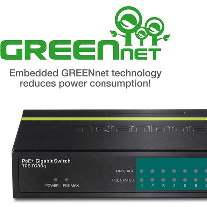 Alternate-Image4 Image for TRENDnet 8-Port Gigabit PoE+ Switch, TPE-TG80G, 8 x Gigabit PoE+ Ports, 123W PoE Power Budget, 16 Gbps, Ethernet Splitter, NDAA & TAA Compliant, Metal, Lifetime Protection, Black