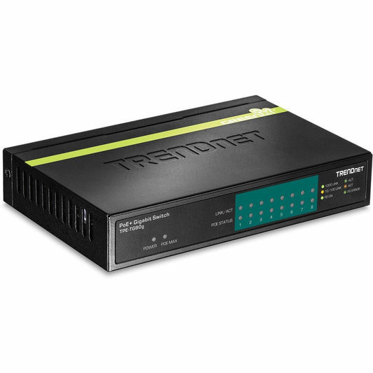 Main Image for TRENDnet 8-Port Gigabit PoE+ Switch, TPE-TG80G, 8 x Gigabit PoE+ Ports, 123W PoE Power Budget, 16 Gbps, Ethernet Splitter, NDAA & TAA Compliant, Metal, Lifetime Protection, Black