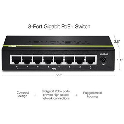 Alternate-Image3 Image for TRENDnet 8-Port Gigabit PoE+ Switch, TPE-TG80G, 8 x Gigabit PoE+ Ports, 123W PoE Power Budget, 16 Gbps, Ethernet Splitter, NDAA & TAA Compliant, Metal, Lifetime Protection, Black
