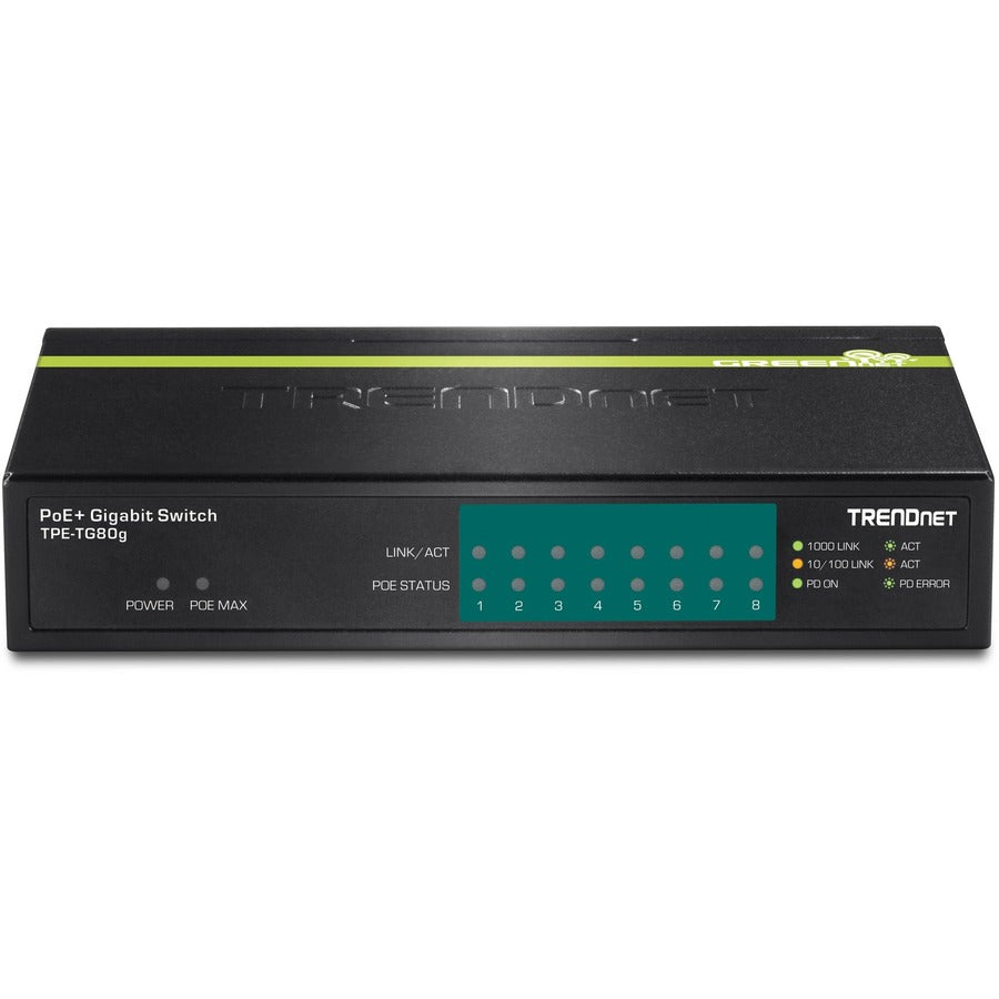 Alternate-Image1 Image for TRENDnet 8-Port Gigabit PoE+ Switch, TPE-TG80G, 8 x Gigabit PoE+ Ports, 123W PoE Power Budget, 16 Gbps, Ethernet Splitter, NDAA & TAA Compliant, Metal, Lifetime Protection, Black