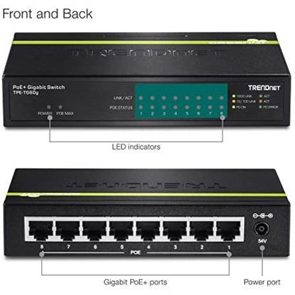 Alternate-Image2 Image for TRENDnet 8-Port Gigabit PoE+ Switch, TPE-TG80G, 8 x Gigabit PoE+ Ports, 123W PoE Power Budget, 16 Gbps, Ethernet Splitter, NDAA & TAA Compliant, Metal, Lifetime Protection, Black