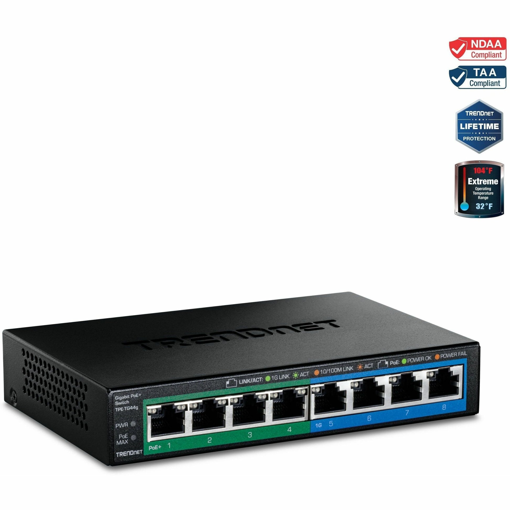 Main Image for TRENDnet 8-Port Gigabit GREENnet PoE+ Switch, 4 x Gigabit PoE-PoE+ Ports, 4 x Gigabit Ports, 61W Power Budget, 16 Gbps Switch Capacity, Ethernet Unmanaged Switch, Lifetime Protection, Black, TPE-TG44G