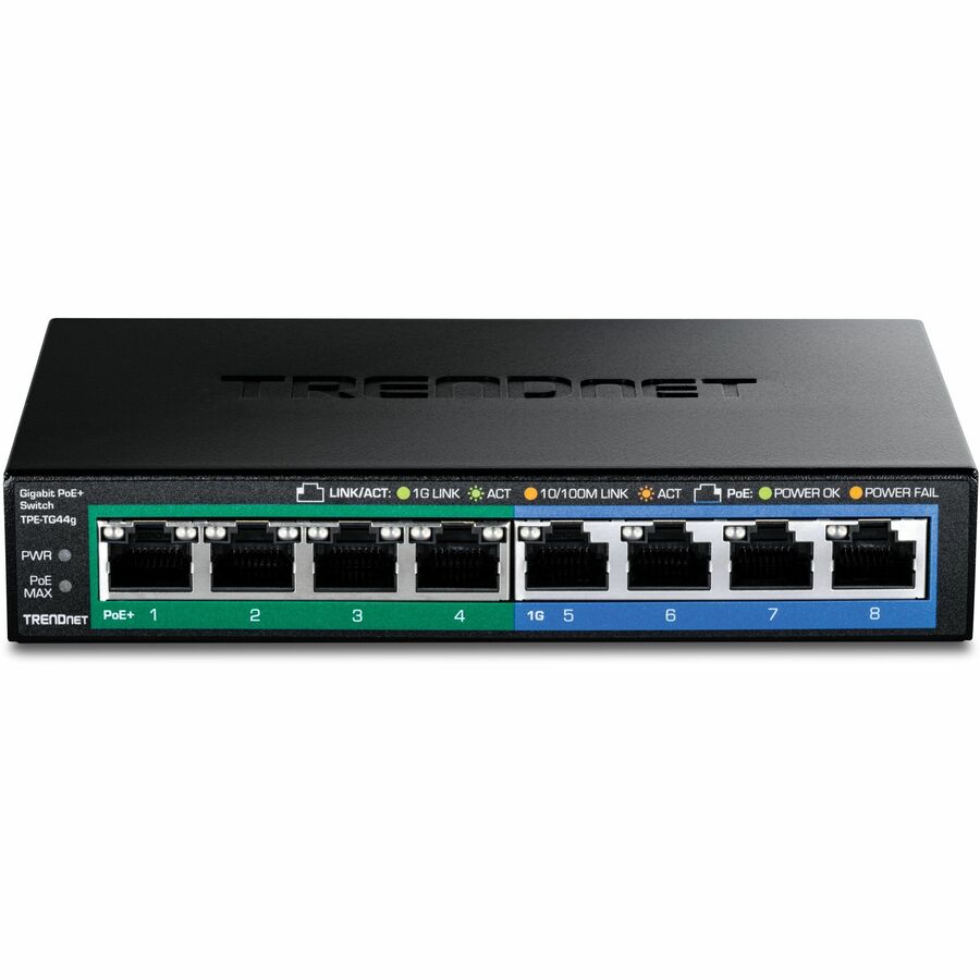 Alternate-Image1 Image for TRENDnet 8-Port Gigabit GREENnet PoE+ Switch, 4 x Gigabit PoE-PoE+ Ports, 4 x Gigabit Ports, 61W Power Budget, 16 Gbps Switch Capacity, Ethernet Unmanaged Switch, Lifetime Protection, Black, TPE-TG44G