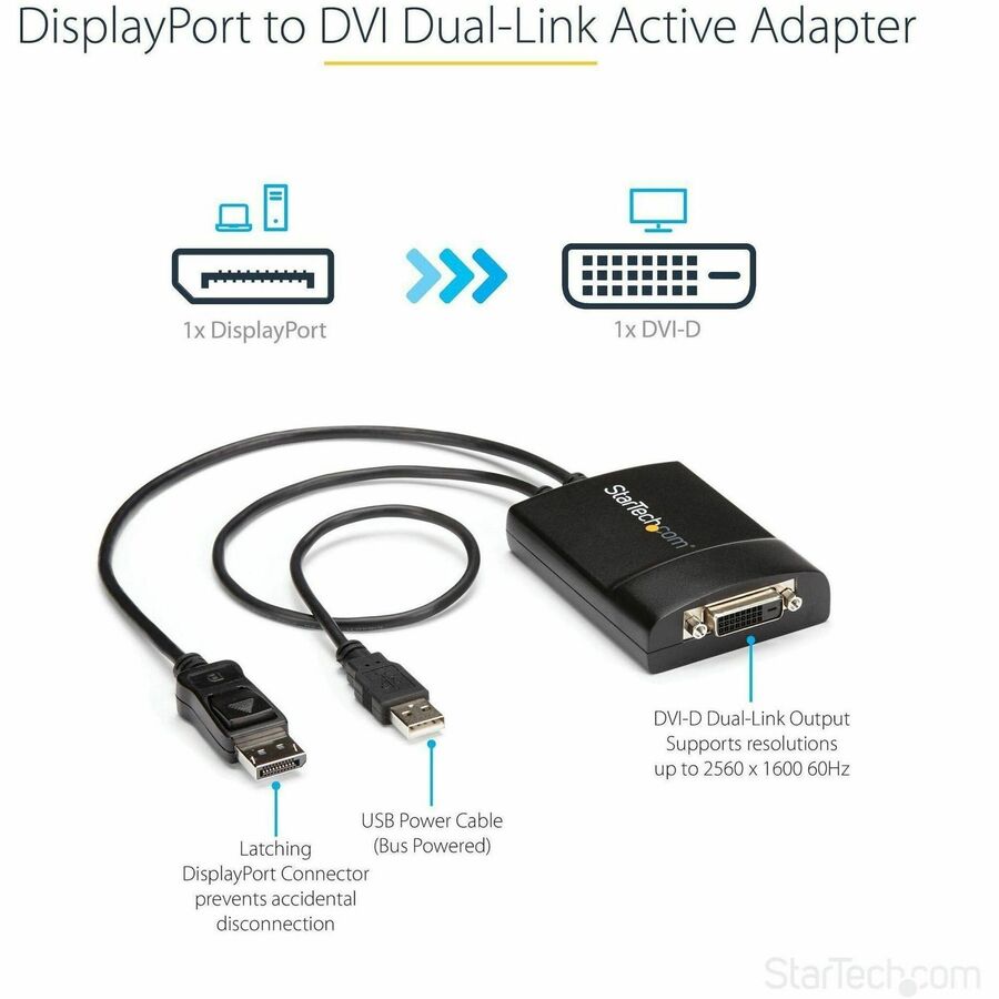 Alternate-Image1 Image for StarTech.com DisplayPort to DVI Dual Link Active Adapter, DisplayPort to DVI-D Adapter/Video Converter 2560x1600 60Hz, DP to DVI Adapter