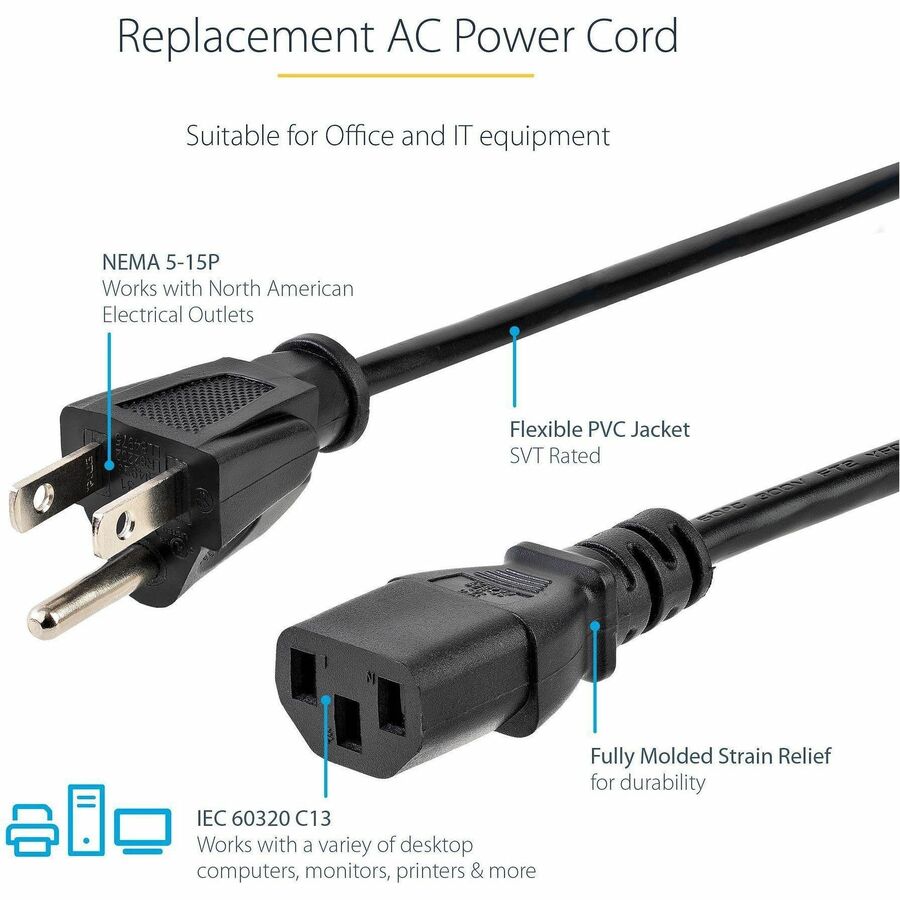 Alternate-Image1 Image for StarTech.com 12ft (3.6m) Computer Power Cord, NEMA 5-15P to C13, 10A 125V 18AWG, Black Replacement AC PC Power Cord TV/Monitor Power Cable
