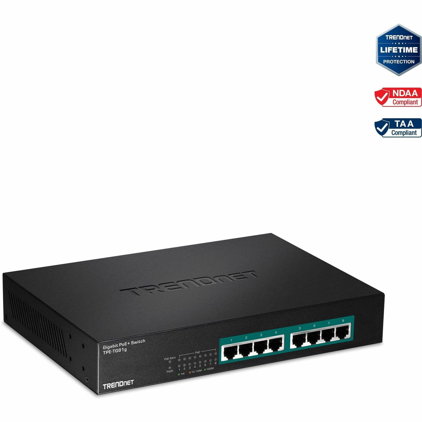 Main Image for TRENDnet 8-Port Gigabit GREENnet PoE+ Switch, TPE-TG81g, 8 x Gigabit PoE+ Ports, Rack Mountable, Up to 30 W Per Port with 110 W Total Power Budget, Ethernet Network Switch, Metal, Lifetime Protection