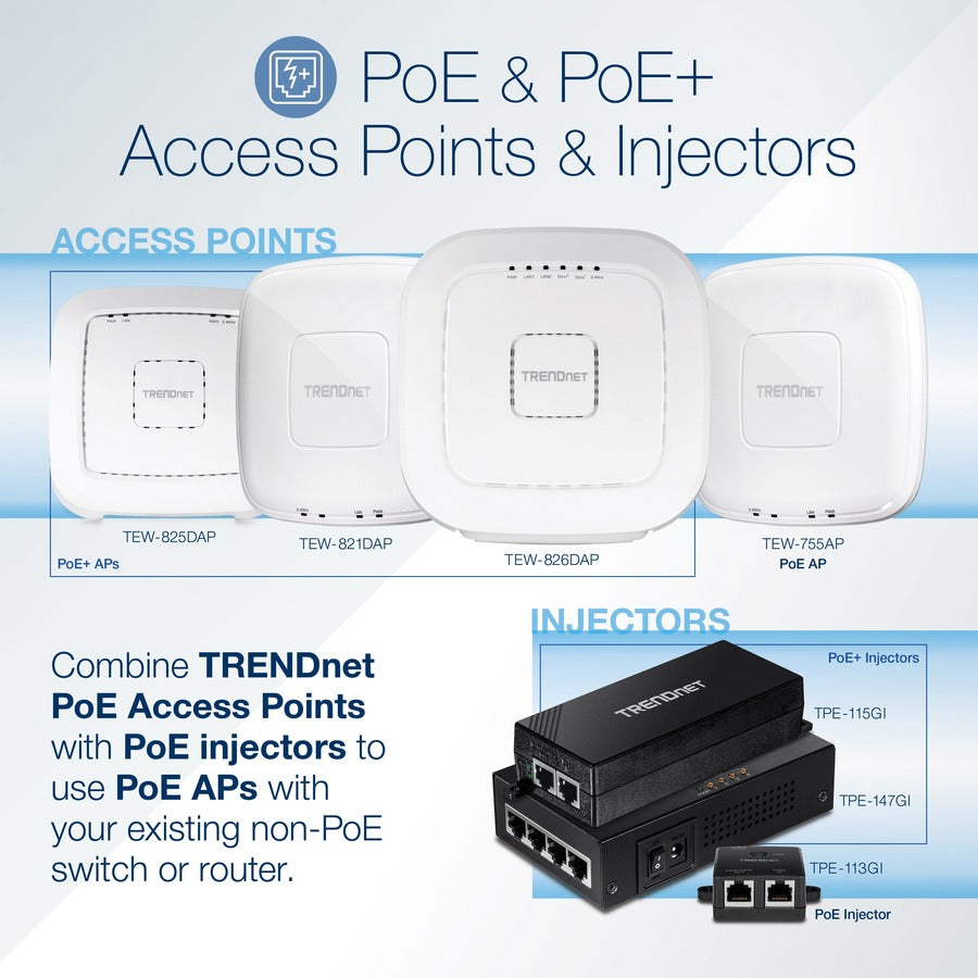 Alternate-Image7 Image for TRENDnet Gigabit Power Over Ethernet Plus Injector, Converts Non-Poe Gigabit To Poe+ Or PoE Gigabit, Supplies PoE (15.4W) Or PoE+ (30W) Power Network Distances Up To 100M (328 ft.), Black, TPE-115GI