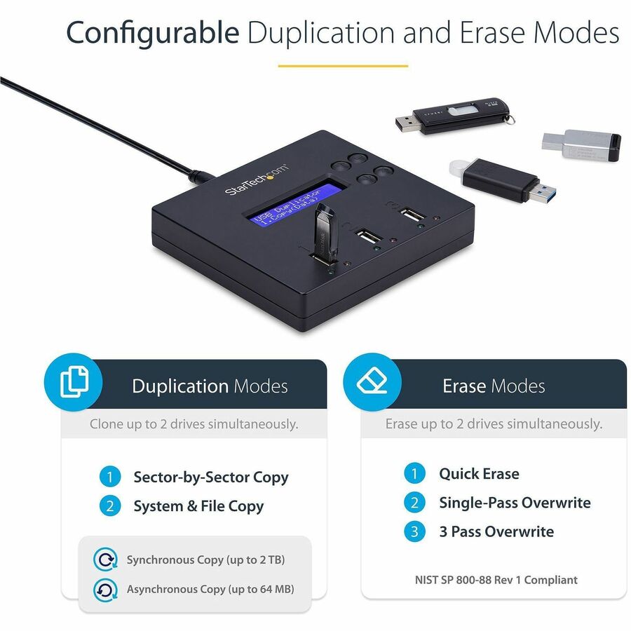 Alternate-Image4 Image for StarTech.com Standalone 1 to 2 USB Thumb Drive Duplicator/Eraser, USB Flash Drive Copier/Cloner, Sector-by-Sector Copy, Sanitizer, TAA