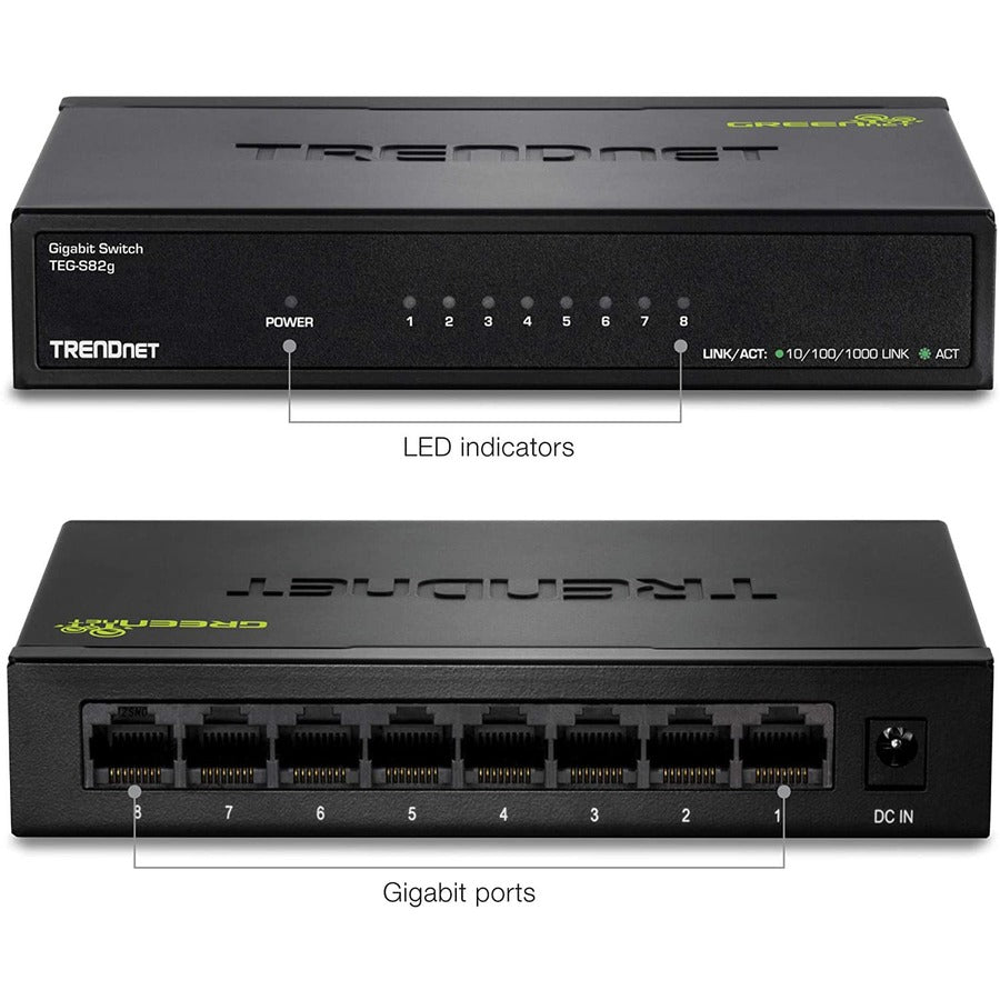 Alternate-Image2 Image for TRENDnet 8-Port Gigabit GREENnet Switch, Ethernet Network Switch, TEG-S82G, 8 x 10-100-1000 Mbps Gigabit Ethernet Ports, Ethernet Splitter, 16 Gbps, Metal, Lifetime Protection, Black