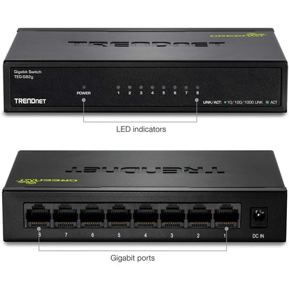 Alternate-Image2 Image for TRENDnet 8-Port Gigabit GREENnet Switch, Ethernet Network Switch, TEG-S82G, 8 x 10-100-1000 Mbps Gigabit Ethernet Ports, Ethernet Splitter, 16 Gbps, Metal, Lifetime Protection, Black