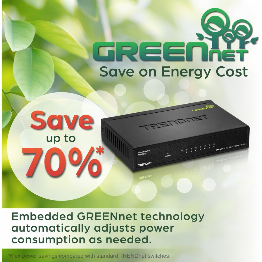 Alternate-Image7 Image for TRENDnet 8-Port Gigabit GREENnet Switch, Ethernet Network Switch, TEG-S82G, 8 x 10-100-1000 Mbps Gigabit Ethernet Ports, Ethernet Splitter, 16 Gbps, Metal, Lifetime Protection, Black