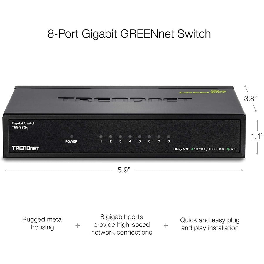 Alternate-Image6 Image for TRENDnet 8-Port Gigabit GREENnet Switch, Ethernet Network Switch, TEG-S82G, 8 x 10-100-1000 Mbps Gigabit Ethernet Ports, Ethernet Splitter, 16 Gbps, Metal, Lifetime Protection, Black