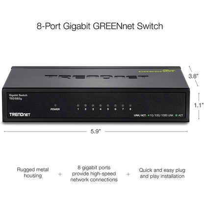 Alternate-Image6 Image for TRENDnet 8-Port Gigabit GREENnet Switch, Ethernet Network Switch, TEG-S82G, 8 x 10-100-1000 Mbps Gigabit Ethernet Ports, Ethernet Splitter, 16 Gbps, Metal, Lifetime Protection, Black