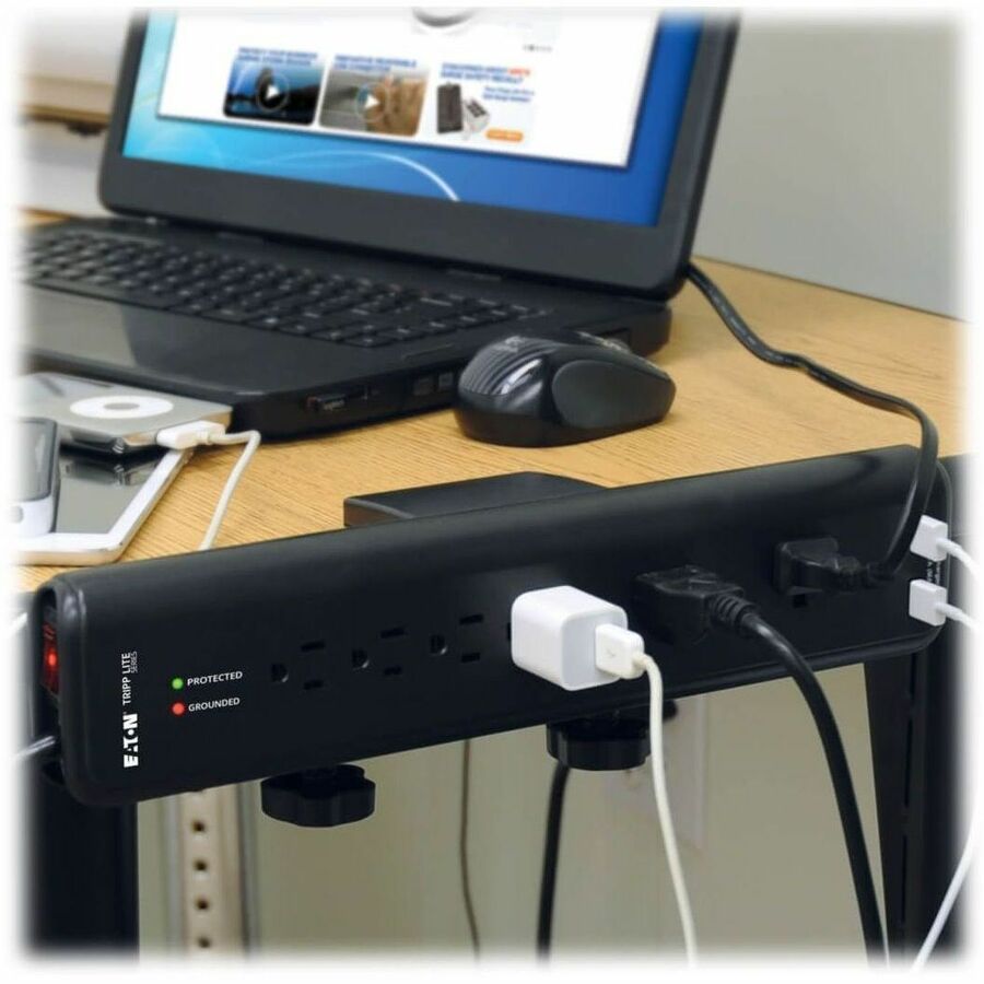 Alternate-Image7 Image for Eaton Tripp Lite Series Protect It! 6-Outlet Clamp-Mount Surge Protector, 6 ft. (1.83 m) Cord, 2100 Joules, 2 x USB Charging ports (2.1A total)